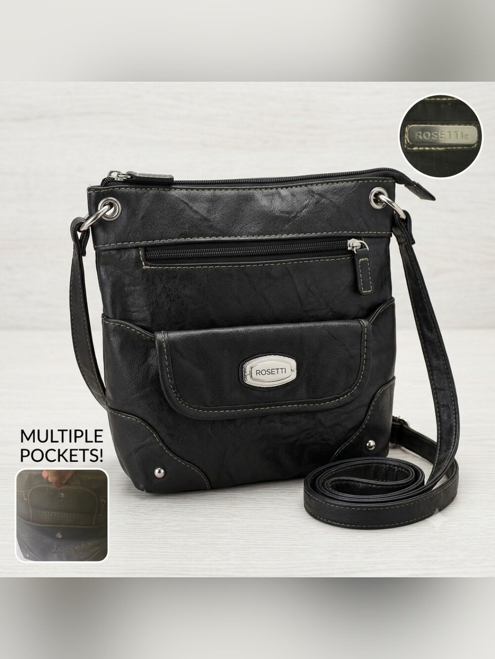 Rosetti Black Faux Leather Crossbody Organizer Bag Silver Hardware